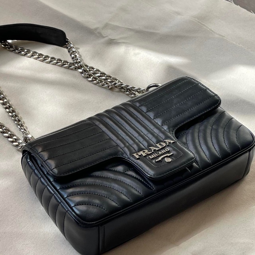Prada Chain Flap Diagramme Quilted Medium Black Leather Shoulder Bag